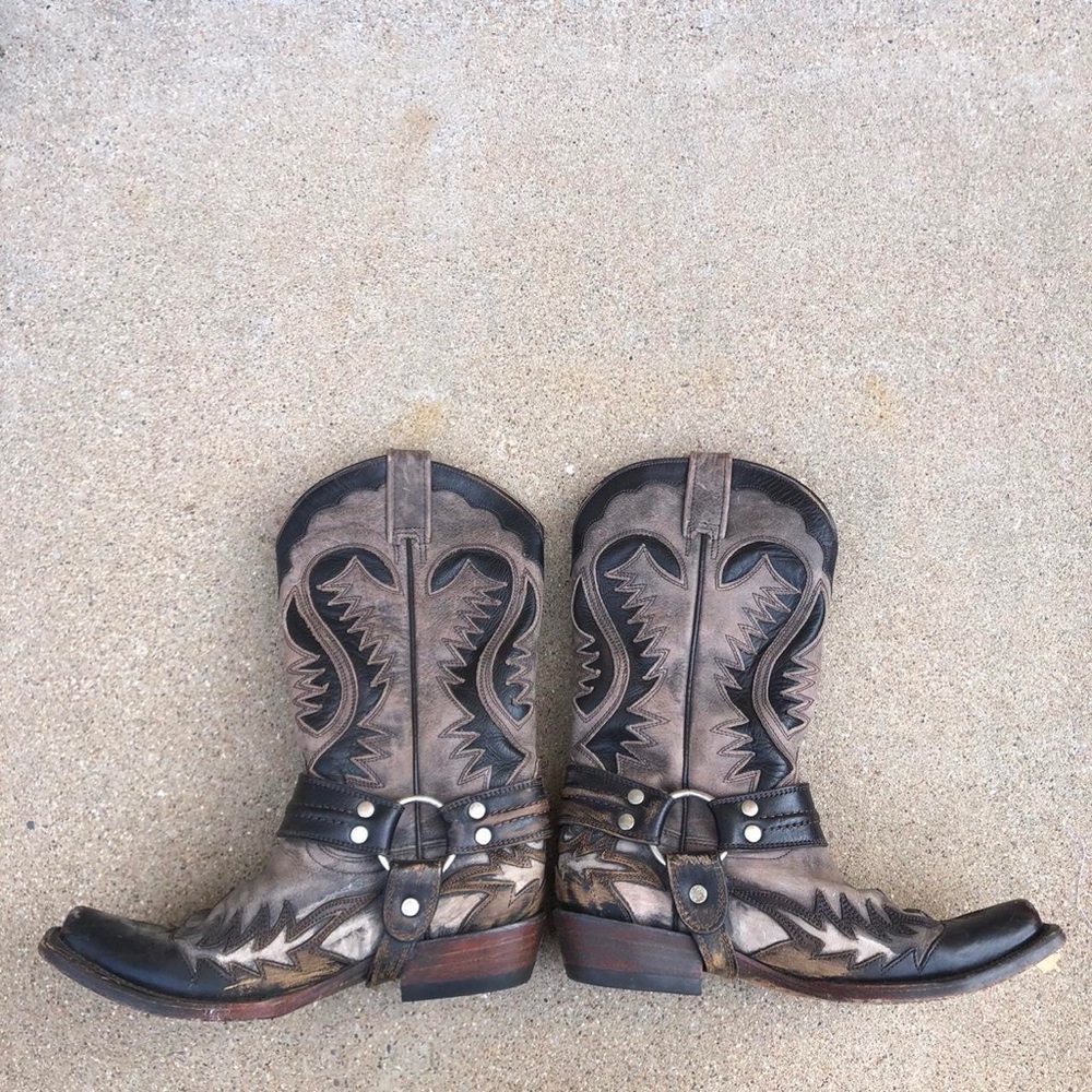 Stetson Western Harness Cowboy Boots Biker Outlaw Snip Toe Handcrafted Leather